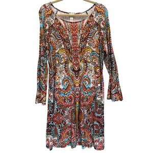 Chicos Dress Womens Size 3 Multi Color‎ Paisley Print Long Sleeve Bohemian